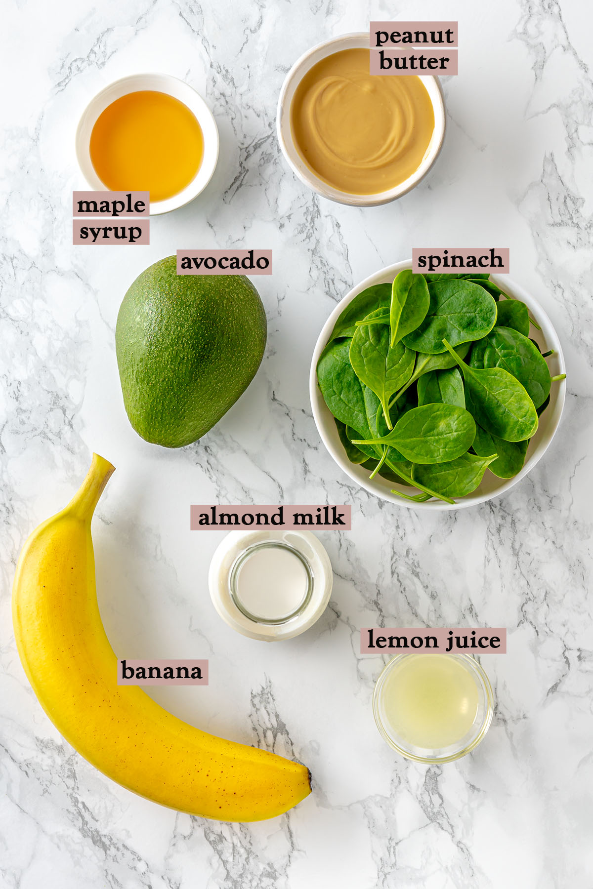 Ingredients to make avocado banana peanut butter smoothie