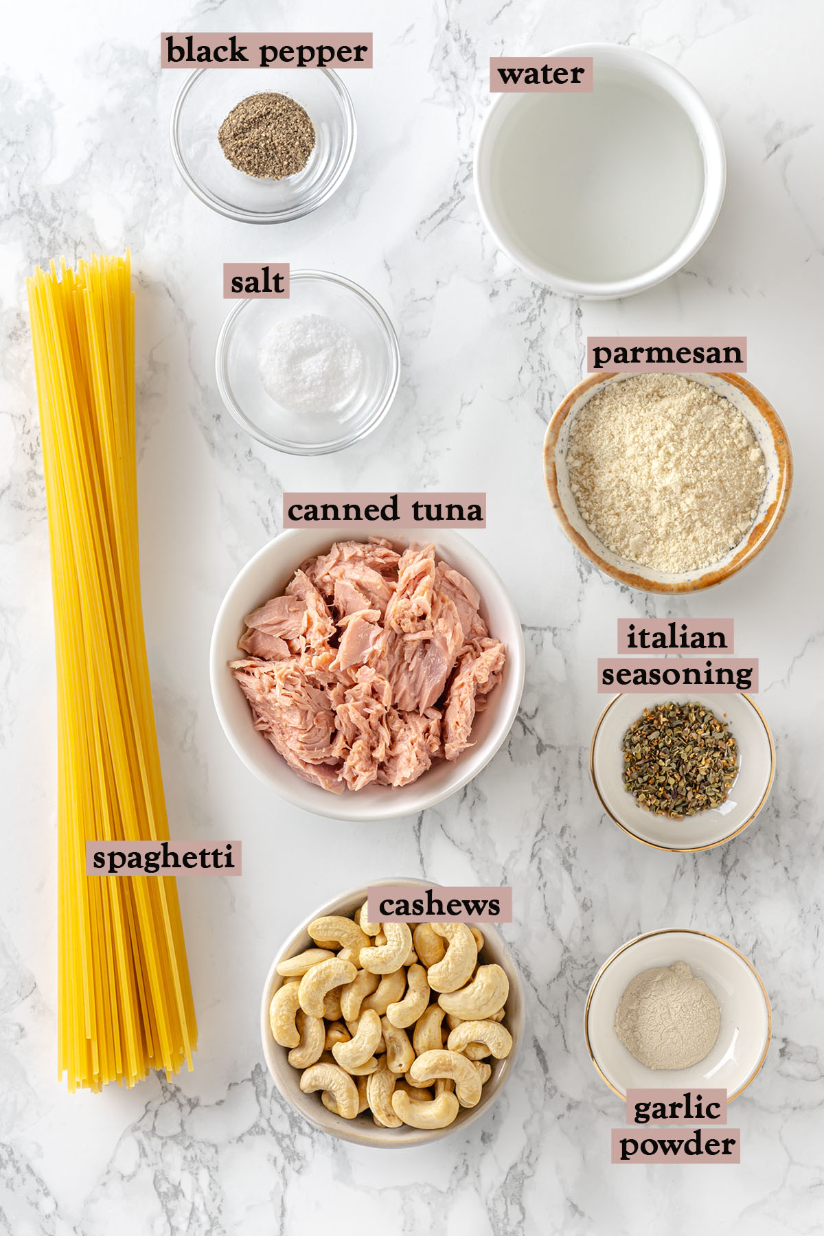 Ingredients to make canned tuna pasta with cashew sauce