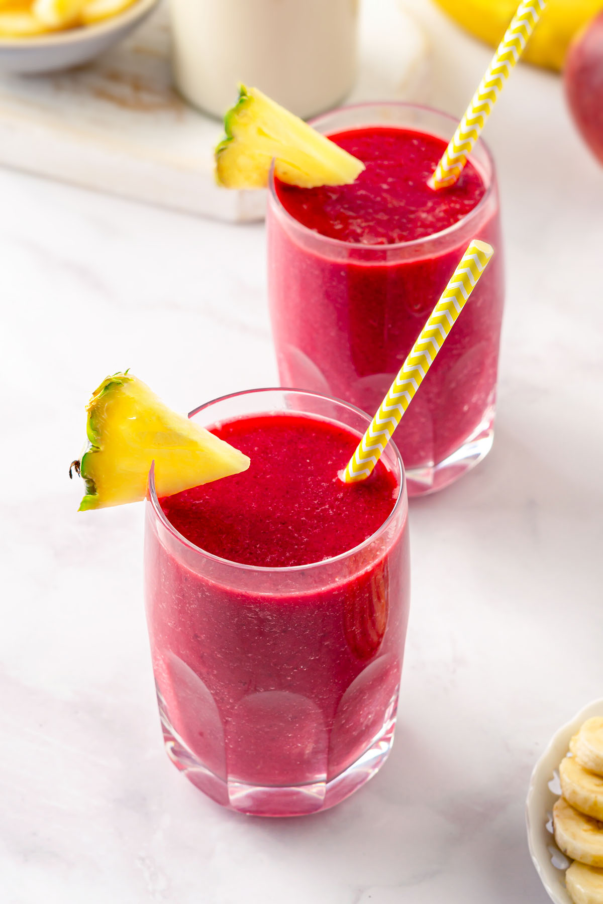 Two servings of beetroot pineapple smoothie