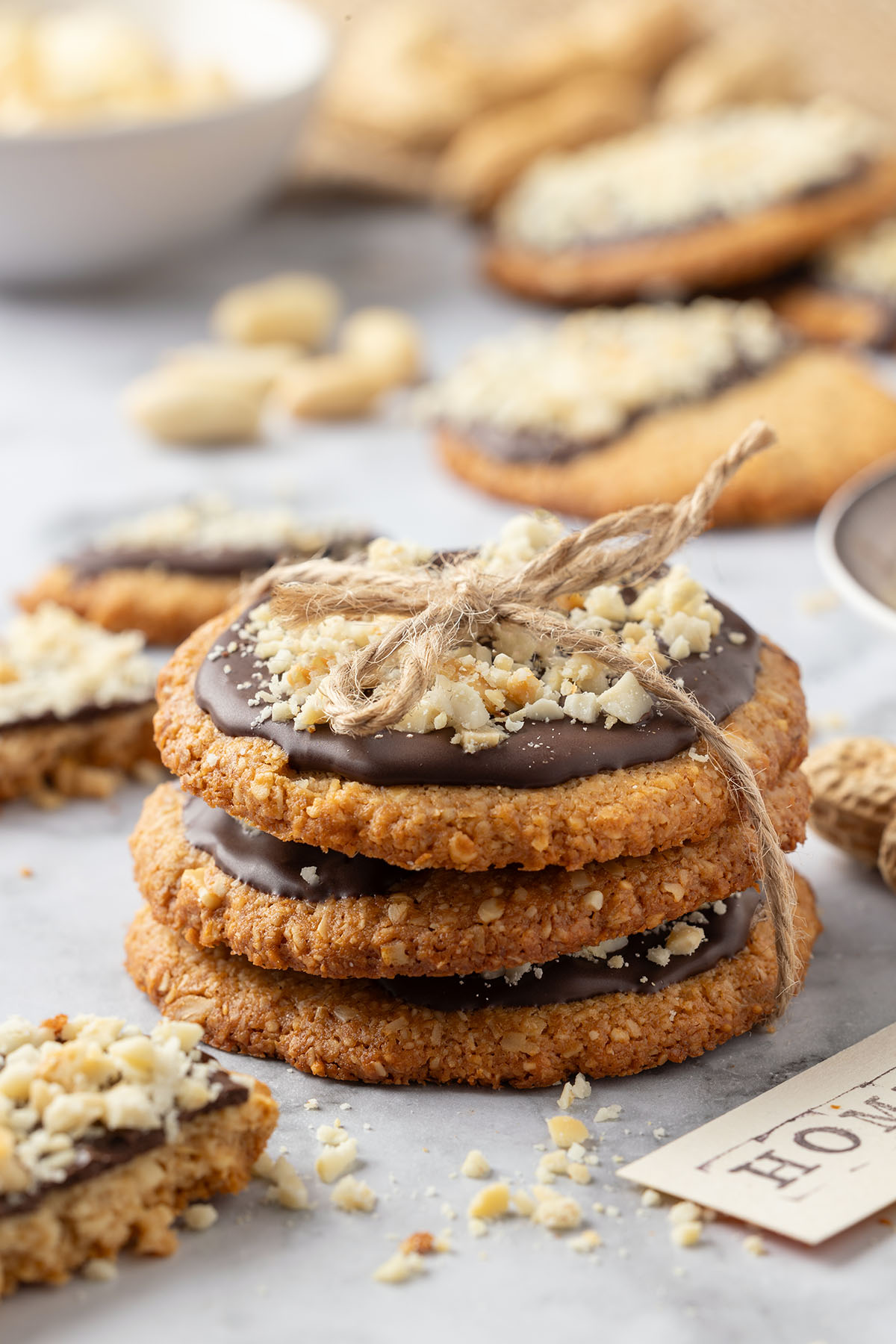 Stack of Chocolate-Dipped Oatmeal Peanut Cookies