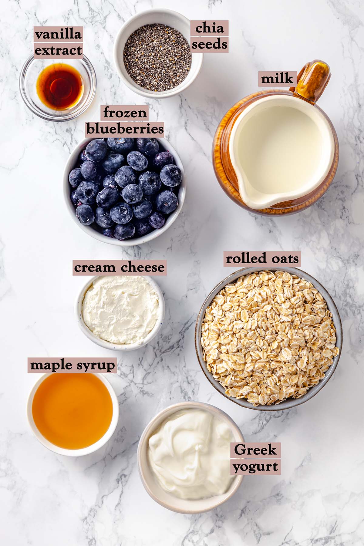 Ingredients for blueberry cheesecake overnight oats
