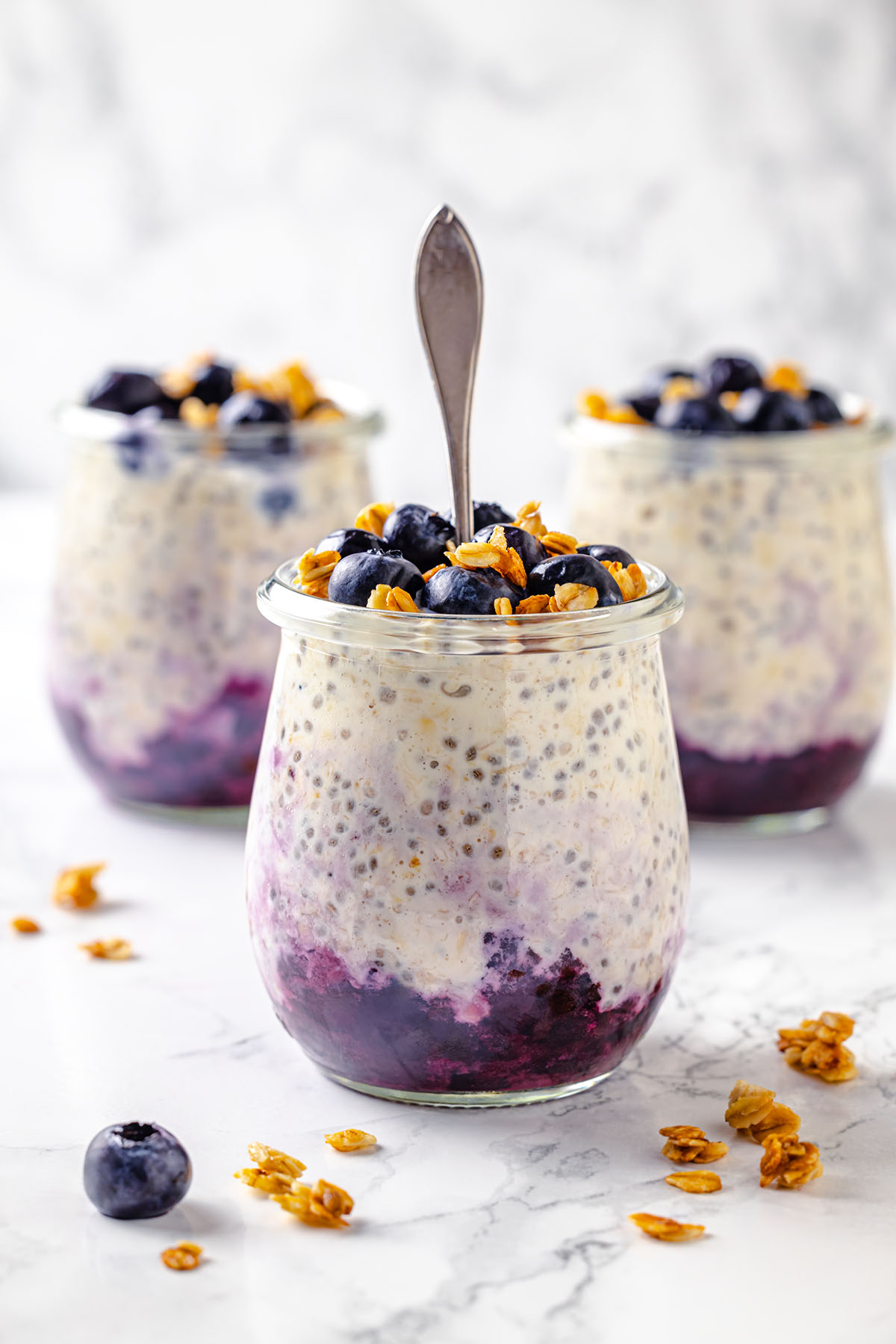 Blueberry cheesecake overnight oats in jars