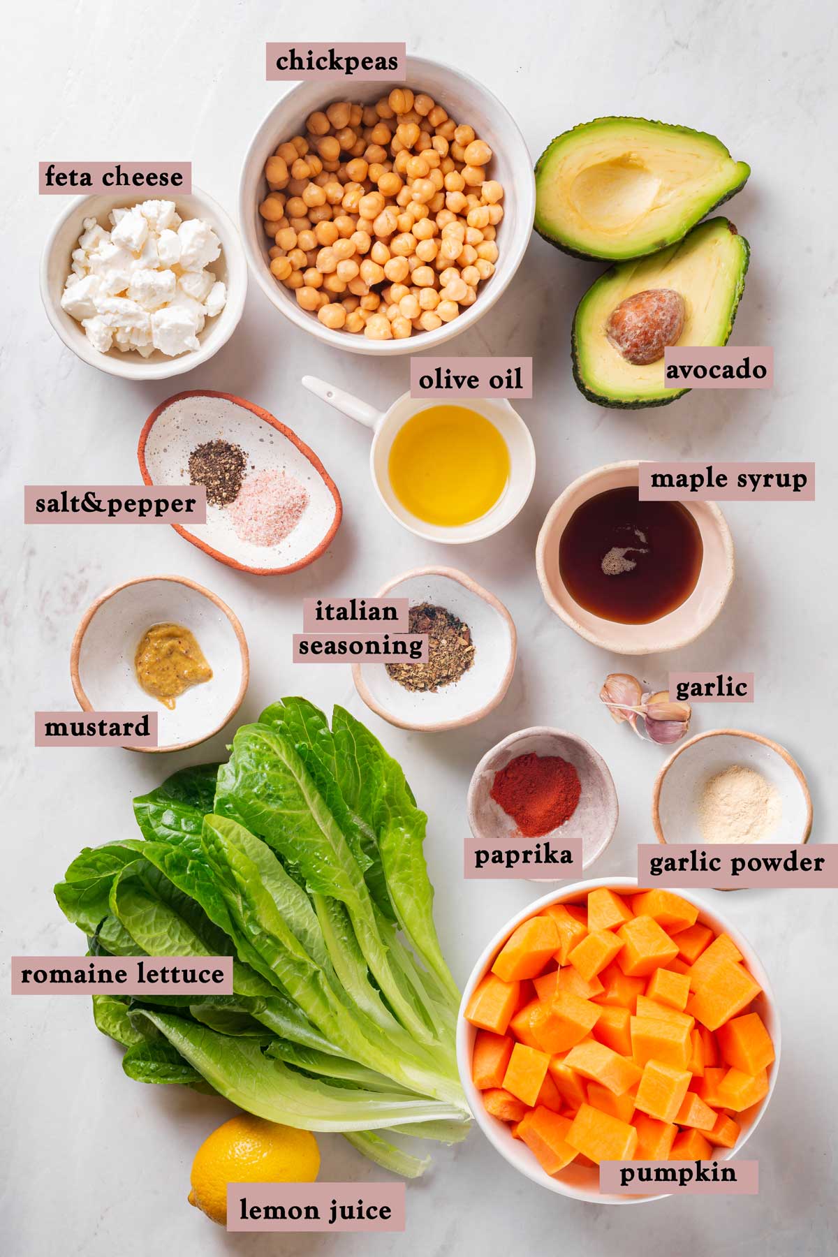 Ingredients for roasted pumpkin chickpea salad