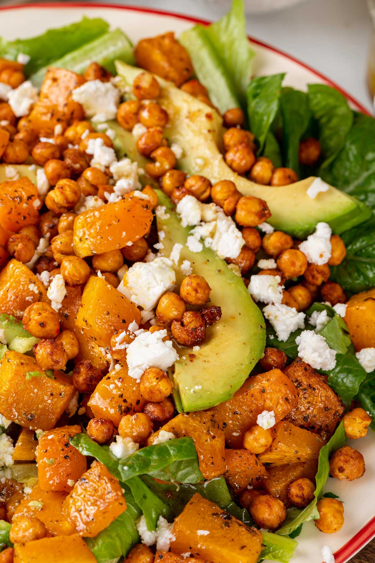 Roasted pumpkin salad with crunchy chickpeas and feta cheese