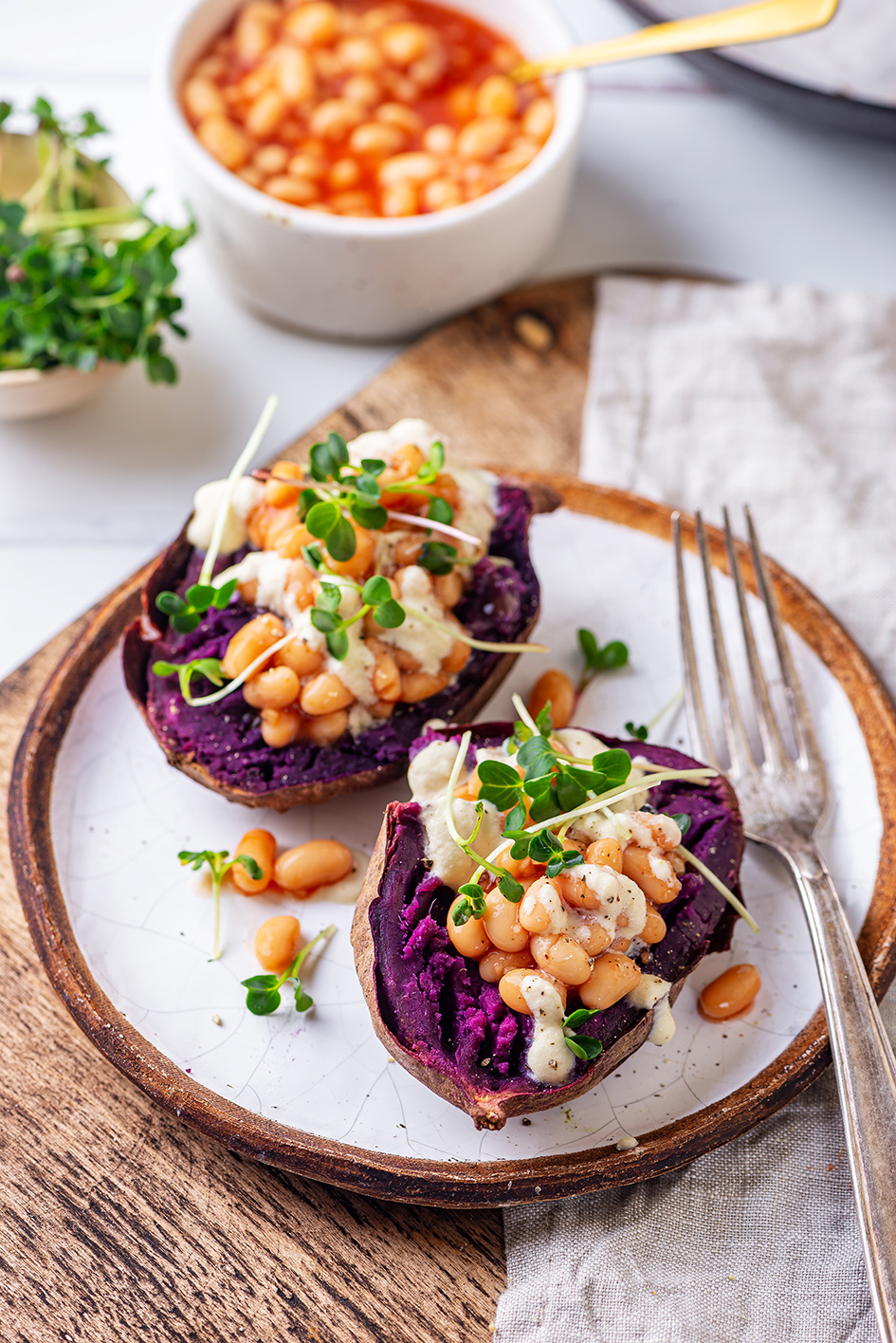 Baked Purple Sweet Potatoes With Beans And Cashew Sauce