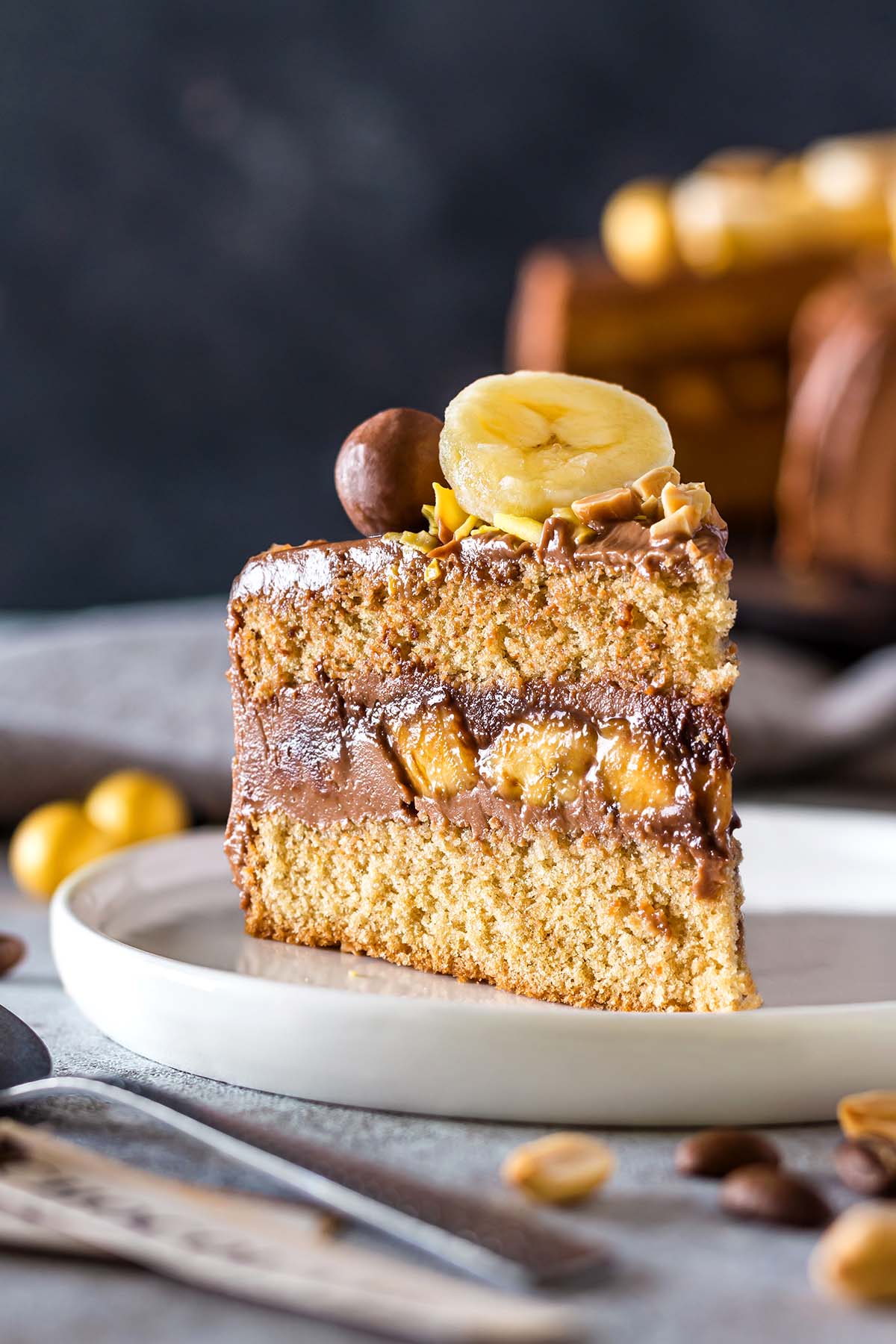 Slice of coffee banana cake on a plate