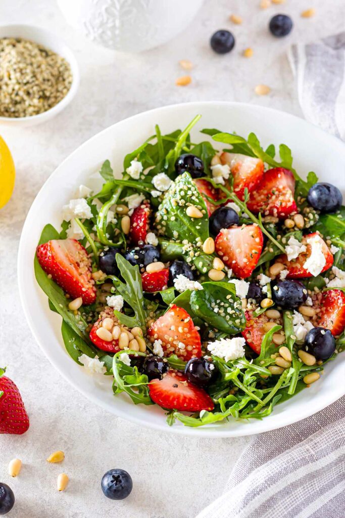 Mixed Green Salad with Strawberries, Blueberries, and Feta Cheese