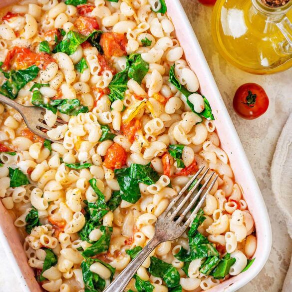 vegan-baked-feta-pasta-5 Baked feta pasta in a baking dish