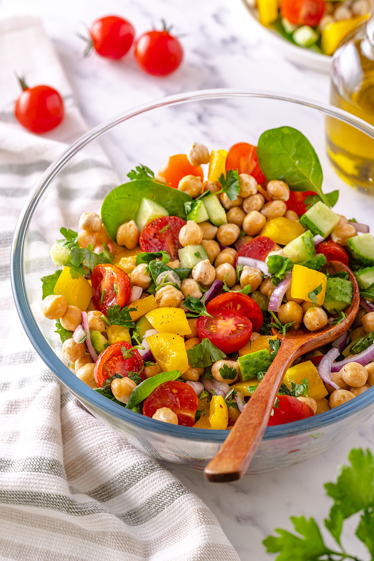 Photo of a bowl with Greek Chickpea Salad