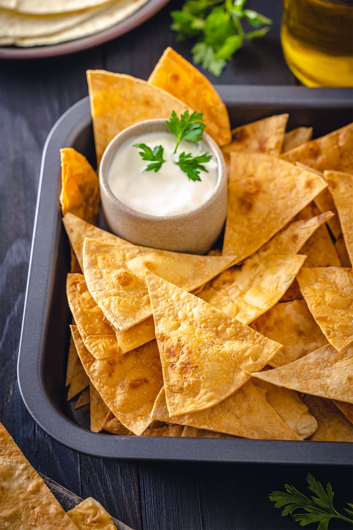 Homemade Tortilla Chips in a serving tray
