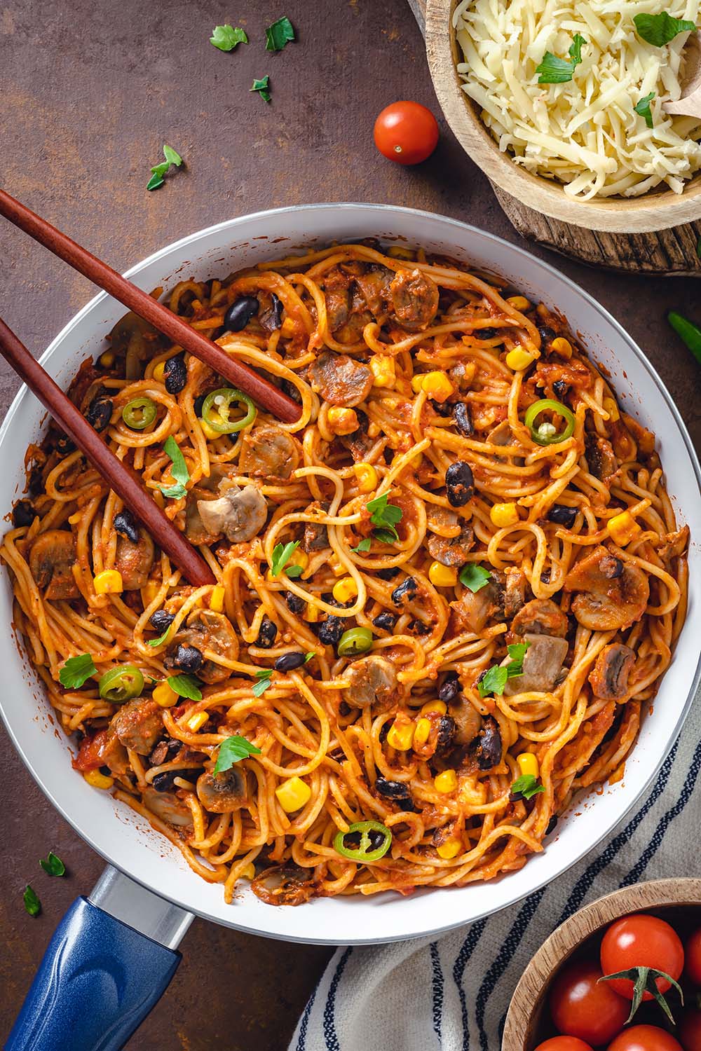 Mushroom Spaghetti with Black Beans and Corn