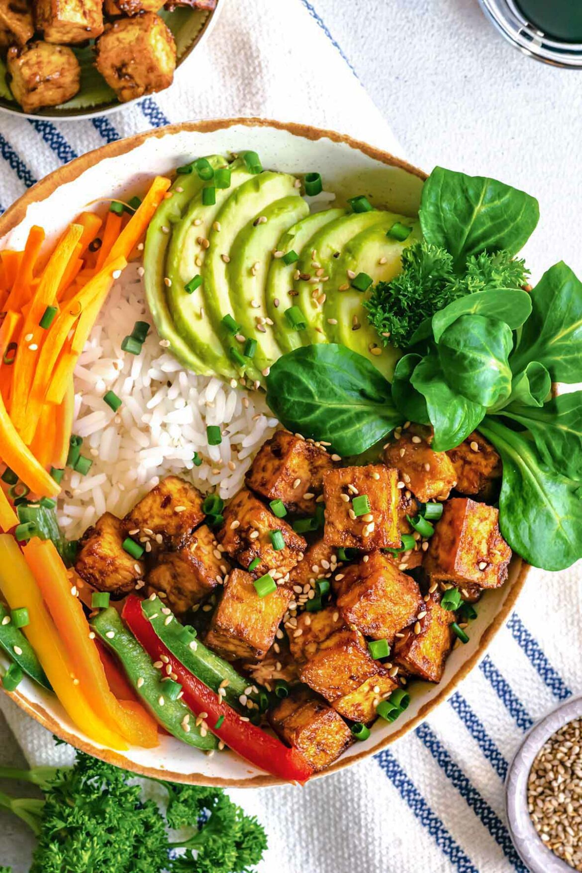 Crispy Tofu Buddha Bowl with Rice, Avocado and Veggies