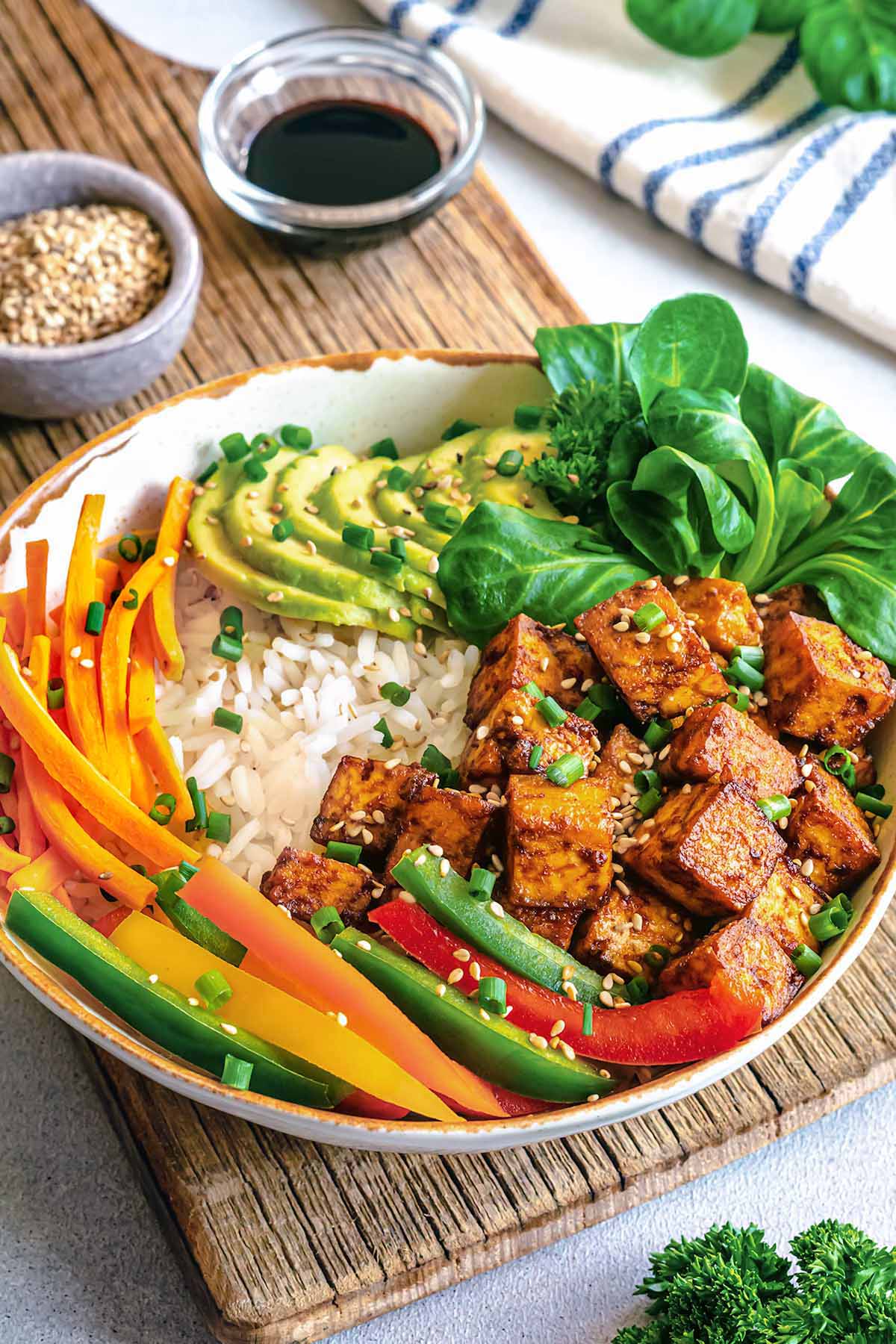 Air Fryer Tofu Buddha Bowl with Crisp-Tender Veggies - The Foodie Eats