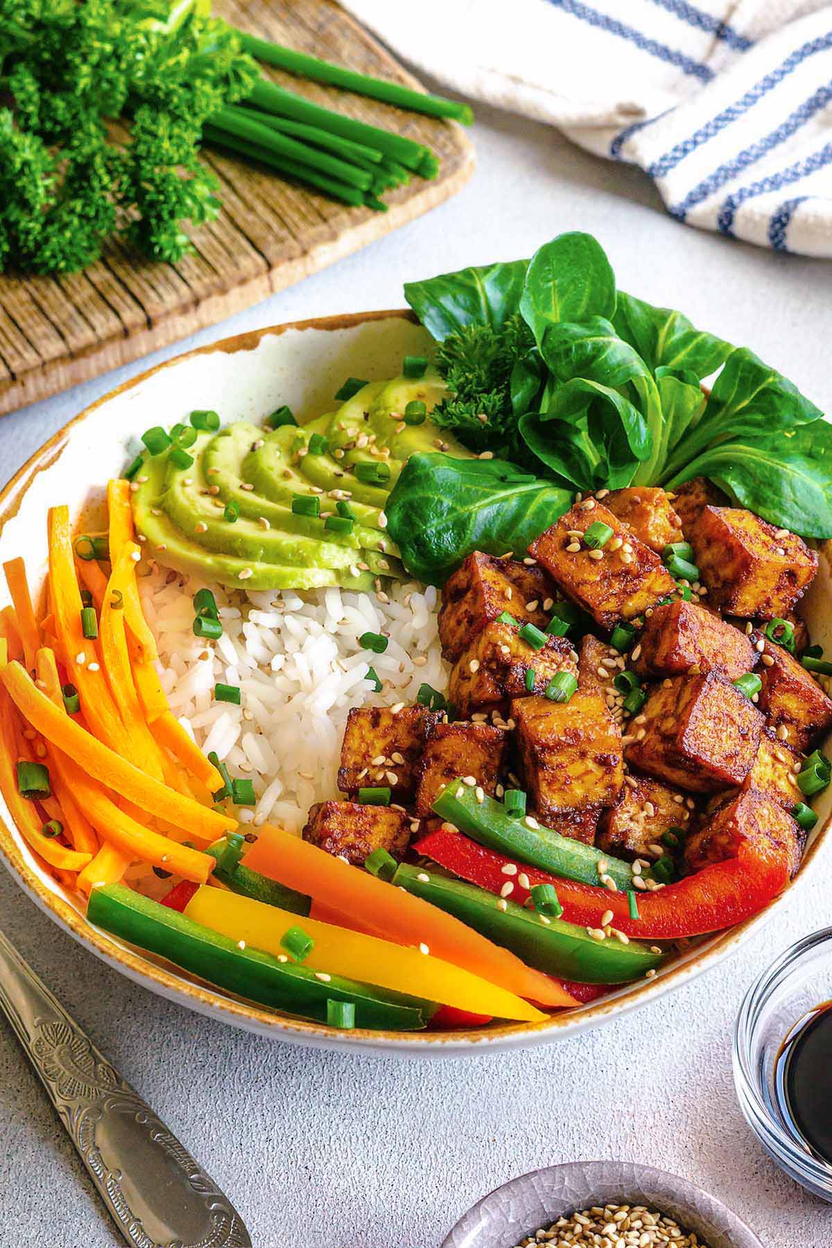 Crispy Tofu Buddha Bowl with Rice, Avocado and Veggies