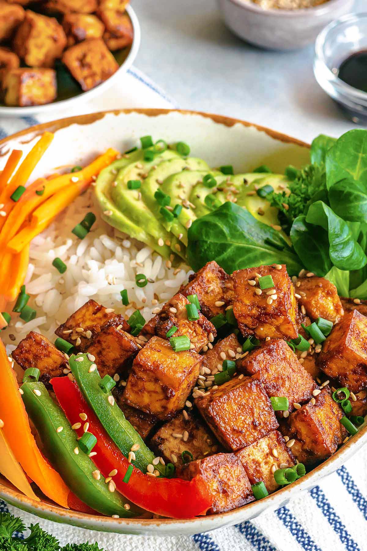 Crispy Tofu Buddha Bowl with Rice, Avocado and Veggies