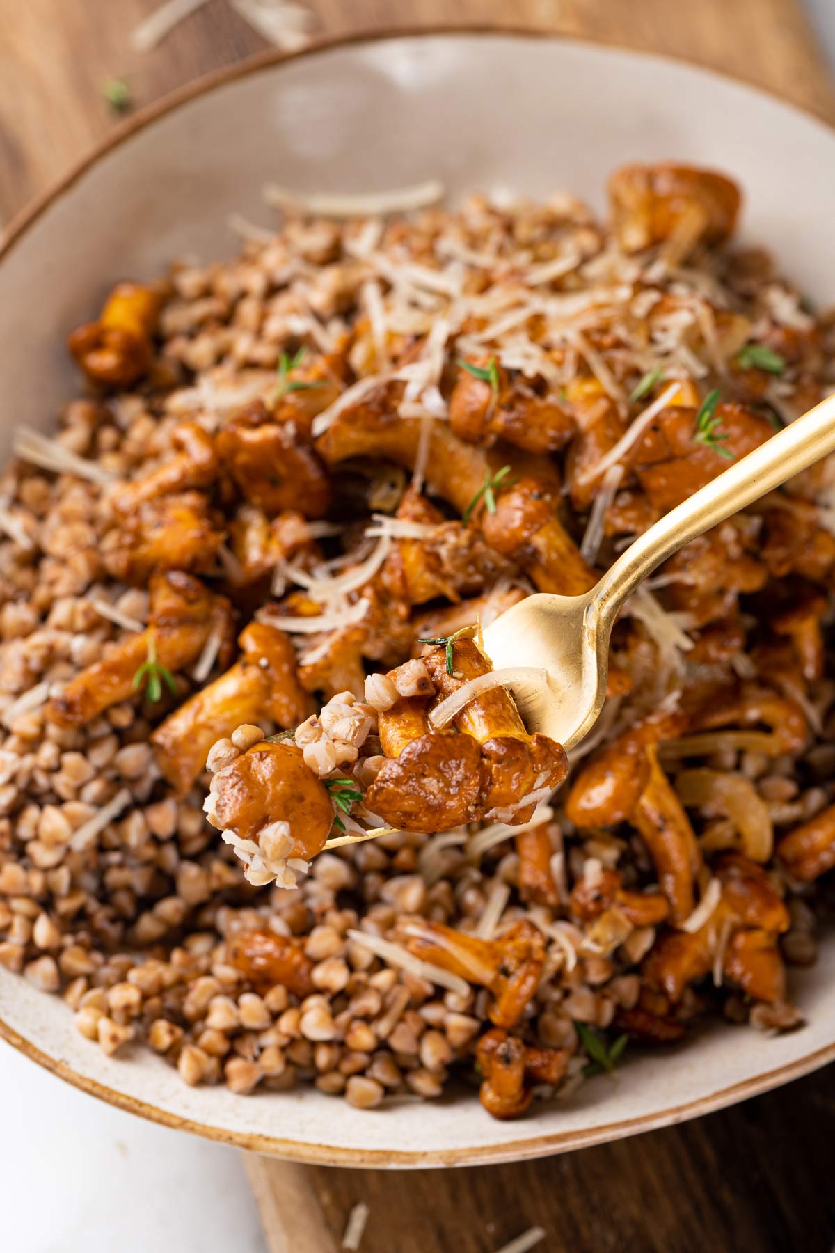 A fork with fried chanterelles