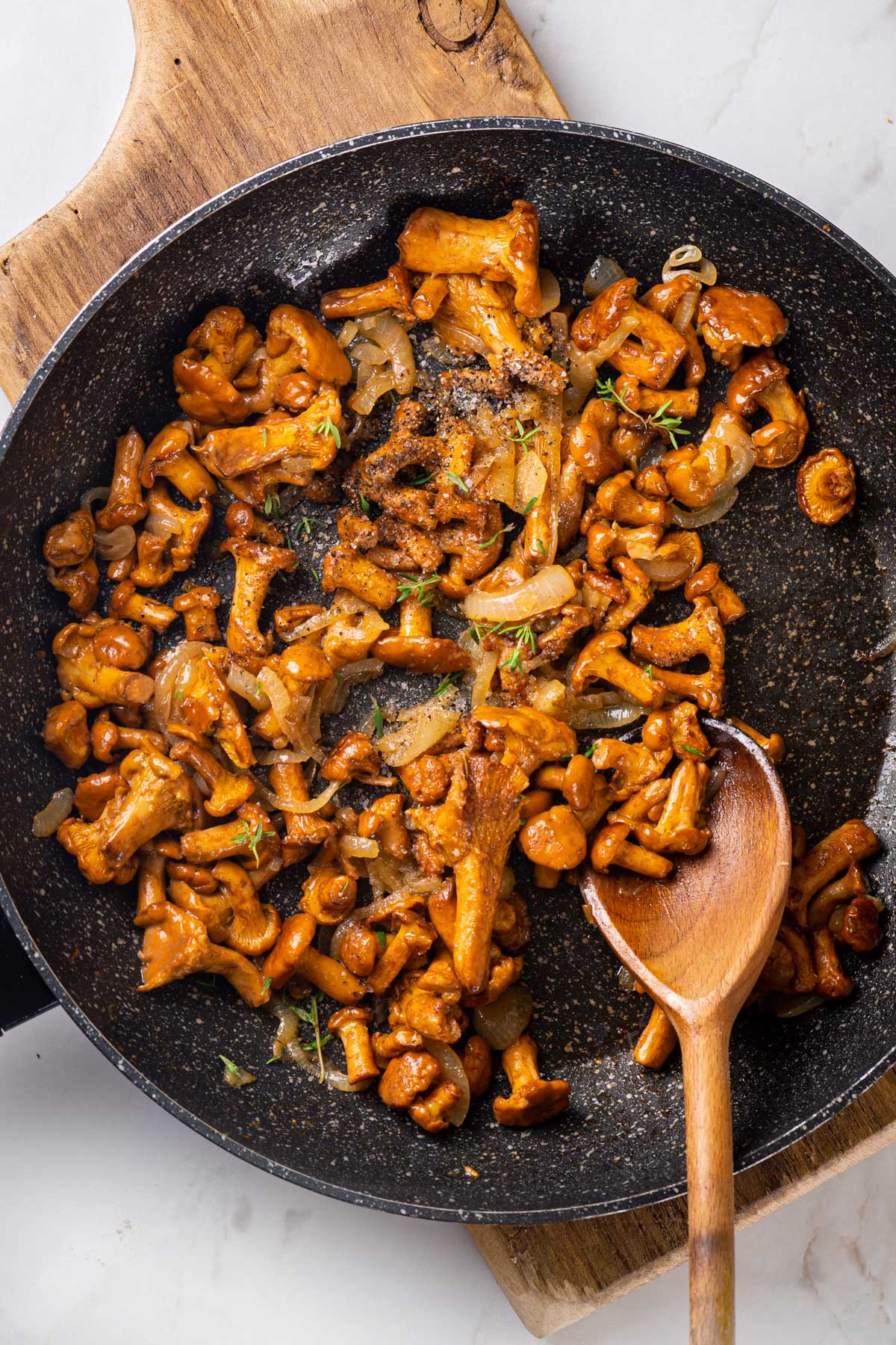 A serving bowl with buckwheat and chanterelles