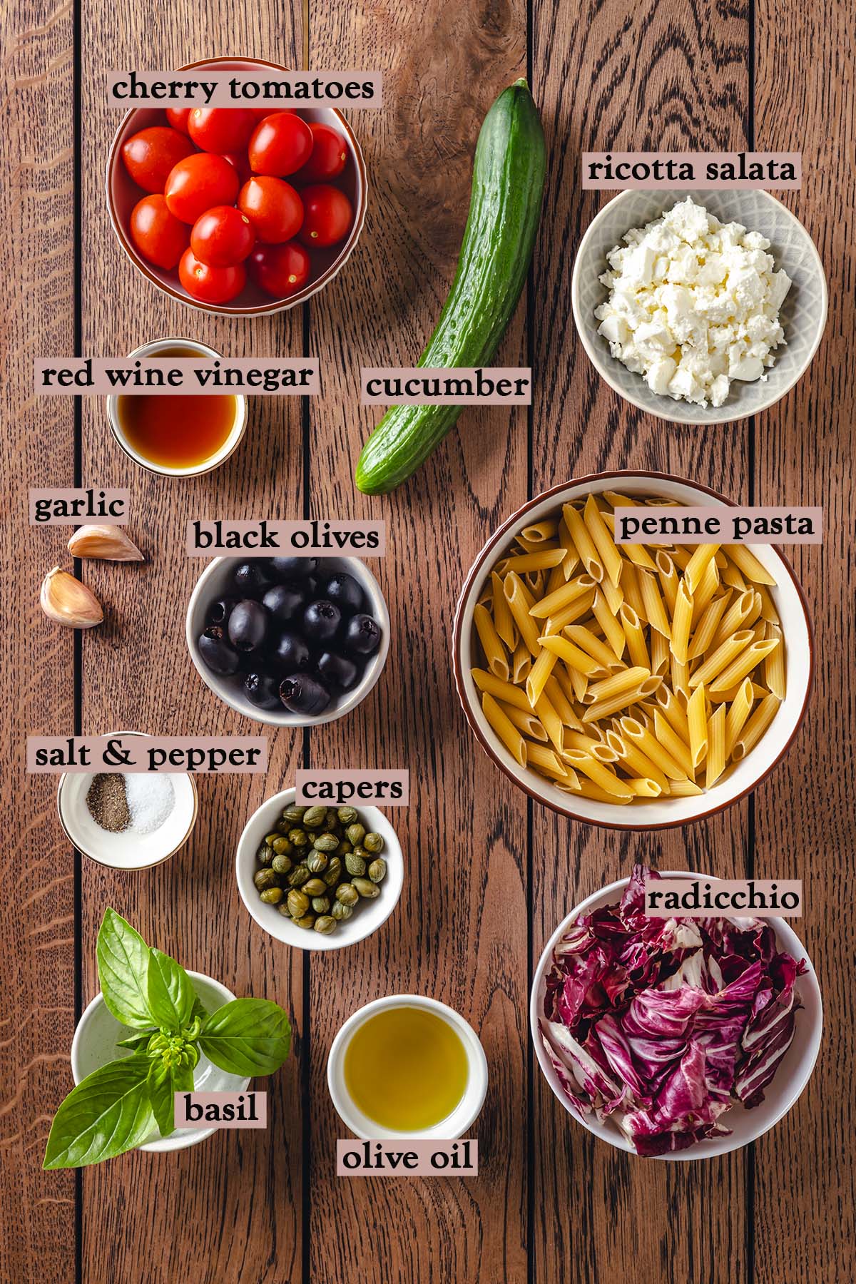 Ingredients for Sicilian pasta salad