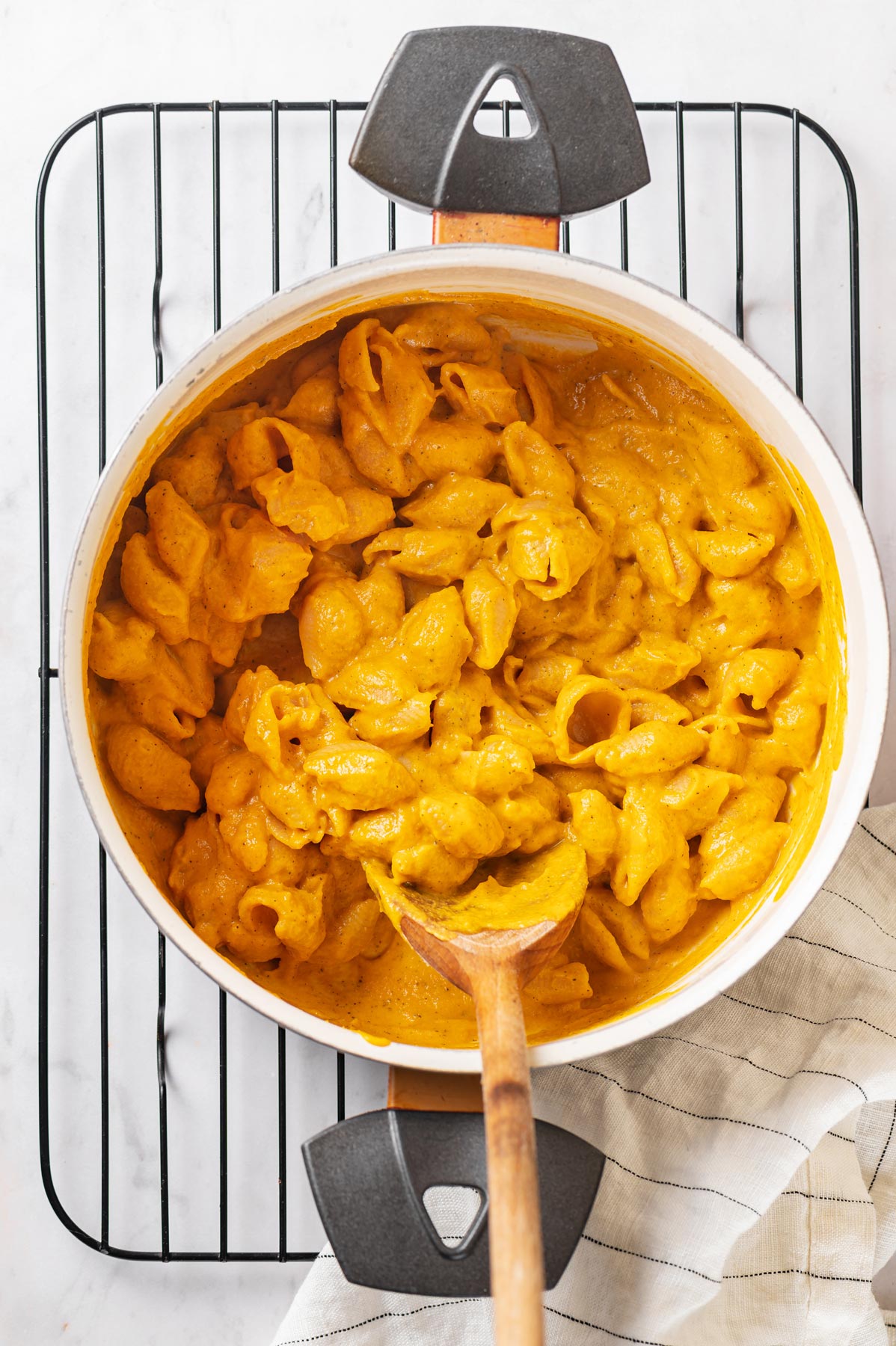 Vegan mac and cheese in a saucepan