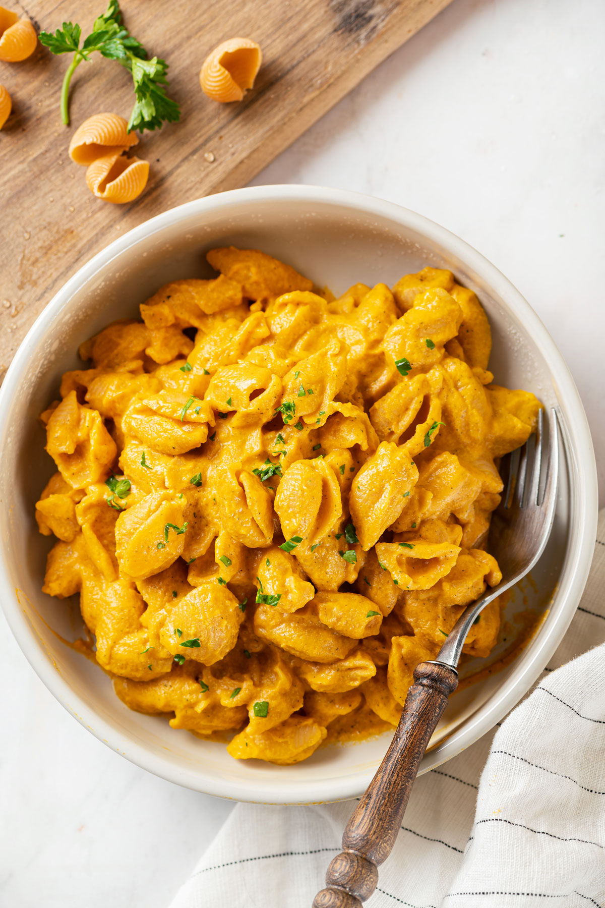 A bowl with vegan mac and cheese